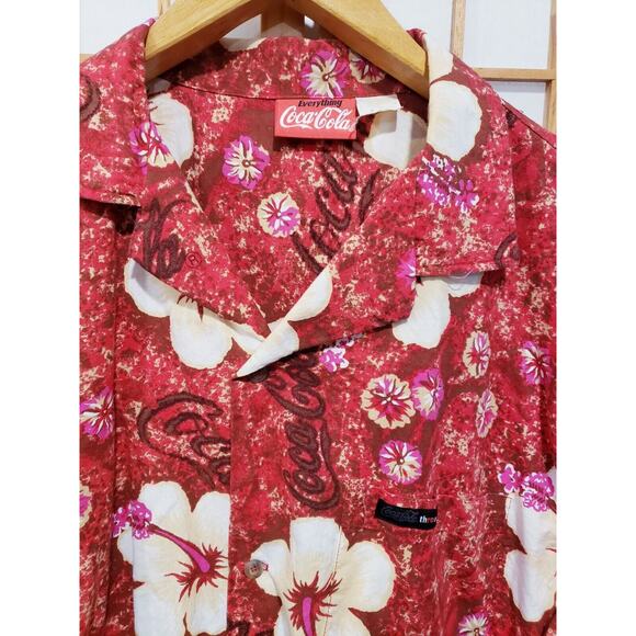 Vintage Everything Coca Cola Men's Hawaiian Shirt Red Floral Button Up - Size XL - Picture 2 of 13